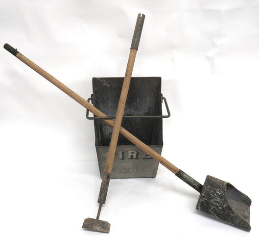 ARP incendiary bomb scoop, rake and container