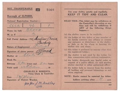 WW2 Borough of Ilford Shelter & Bunk Ticket
